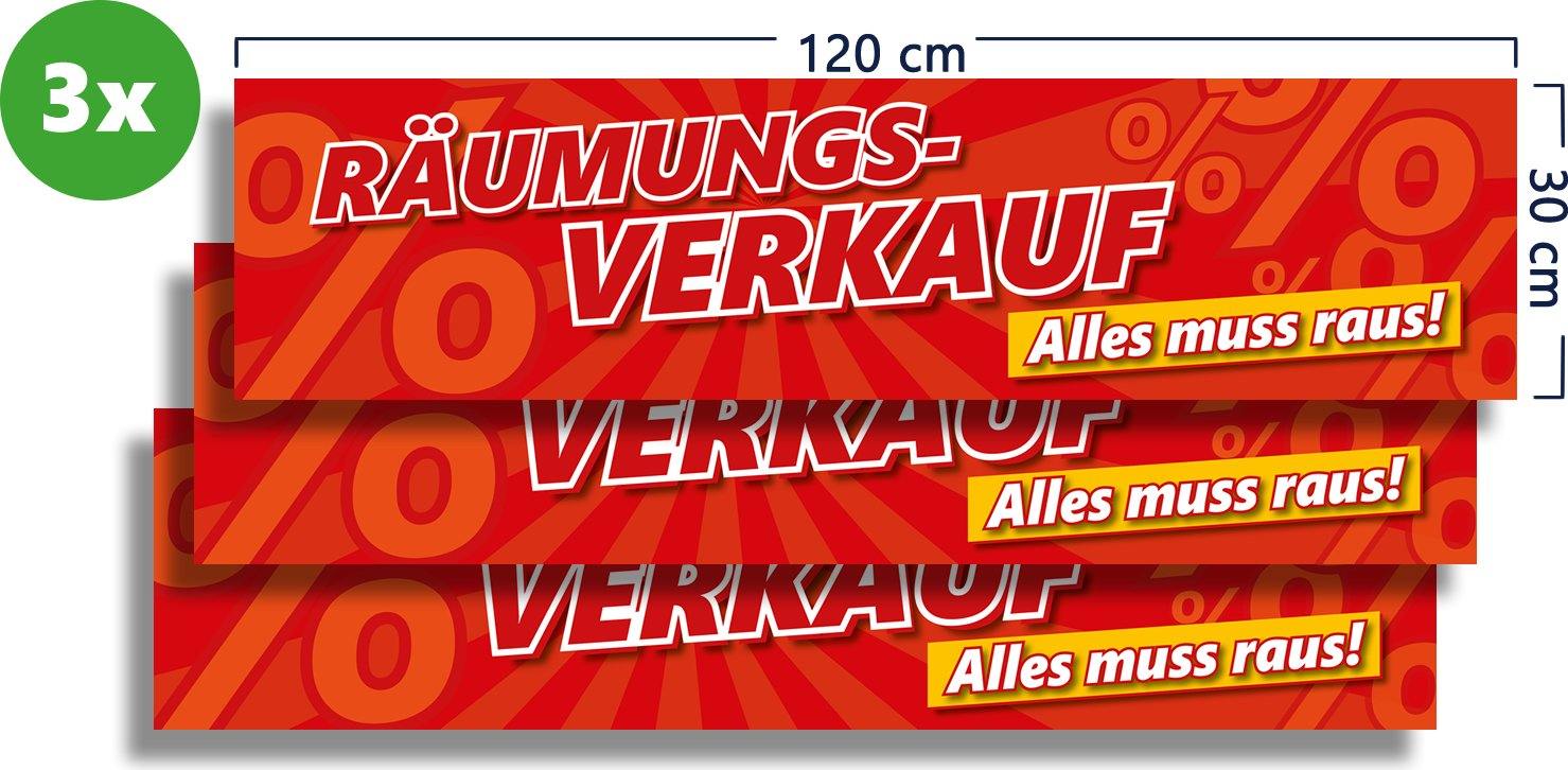 XXL Aufkleber Räumungsverkauf Alles muss Raus! 3er Pack mit Maßangaben