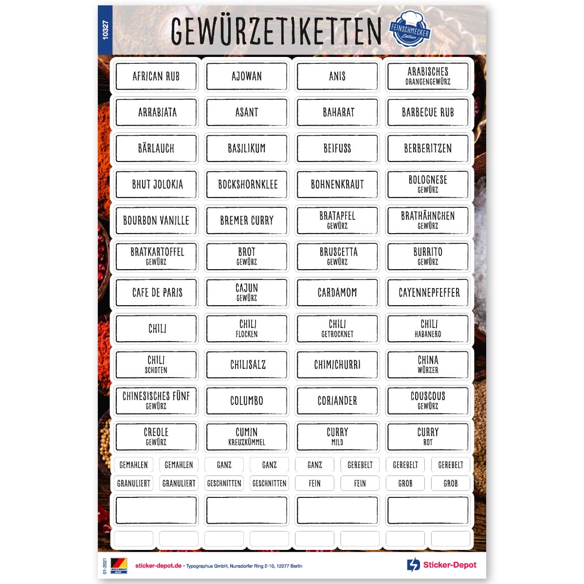 Gewürzetiketten Feinschmecker Edition - eckig schwarz/transparent - Einzelseite 1