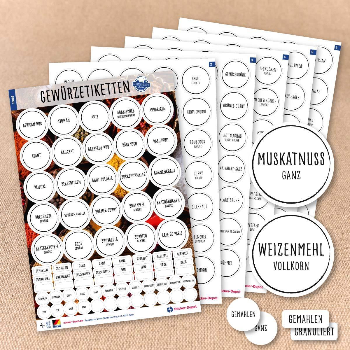 Gewürzetiketten Feinschmecker Edition 2021 - rund schwarze Schrift Übersicht Set