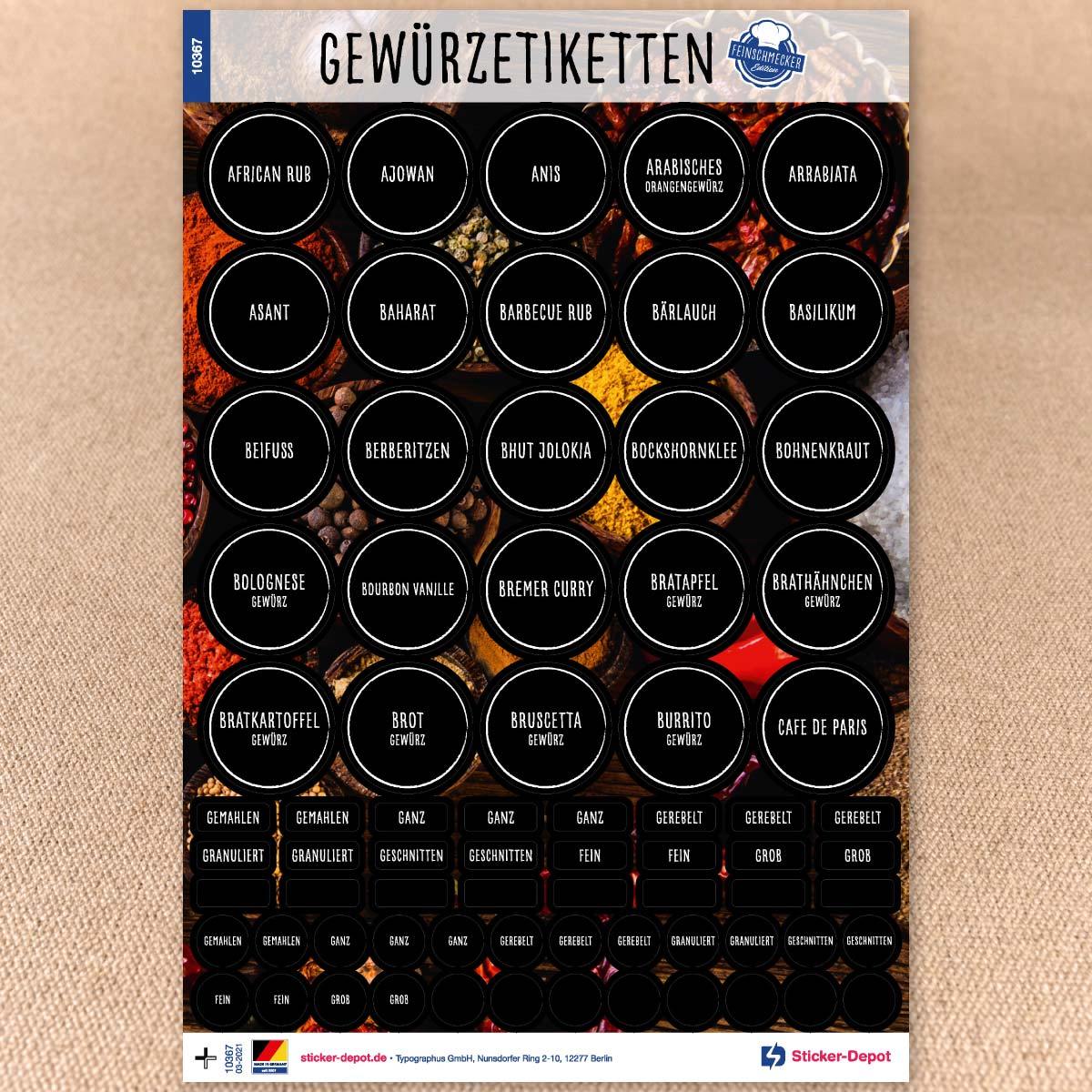 Gewürzetiketten Feinschmecker Edition 2021 - rund weiße Schrift Seite 1