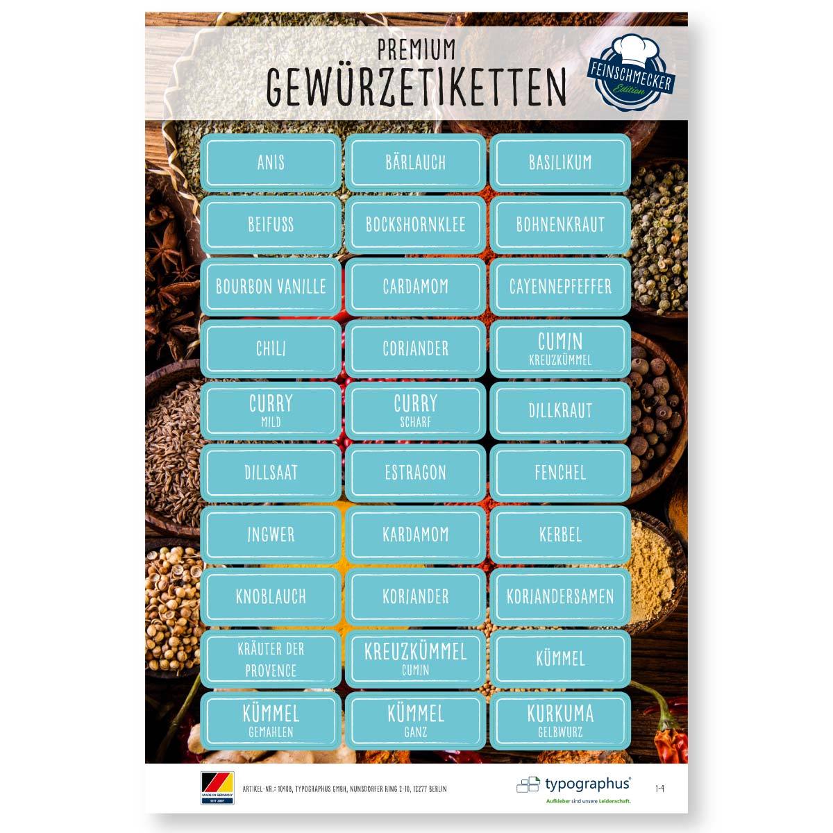Gewürzetiketten Feinschmecker Edition - eckig weiß/türkis - Sticker-Depot.de by Typographus