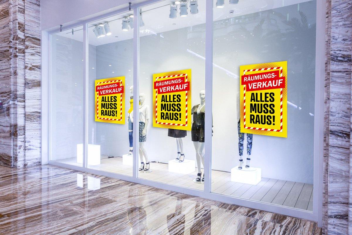 Aufkleber Räumungsverkauf Alles muss Raus! - Banner, Sale, Rabatt Beklebung am Schaufenster gelb