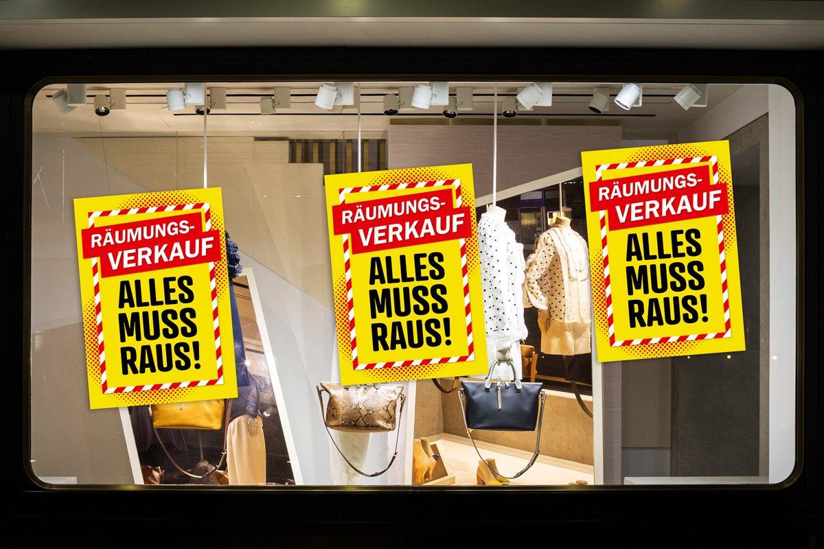 Aufkleber Räumungsverkauf Alles muss Raus! - Banner, Sale, Rabatt Beklebung am Schaufenster gelb