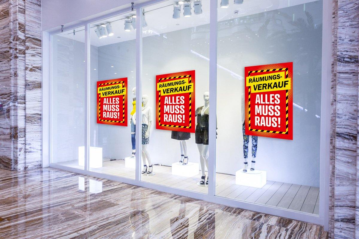 Aufkleber Räumungsverkauf Alles muss Raus! - Banner, Sale, Rabatt Beklebung am Schaufenster rot