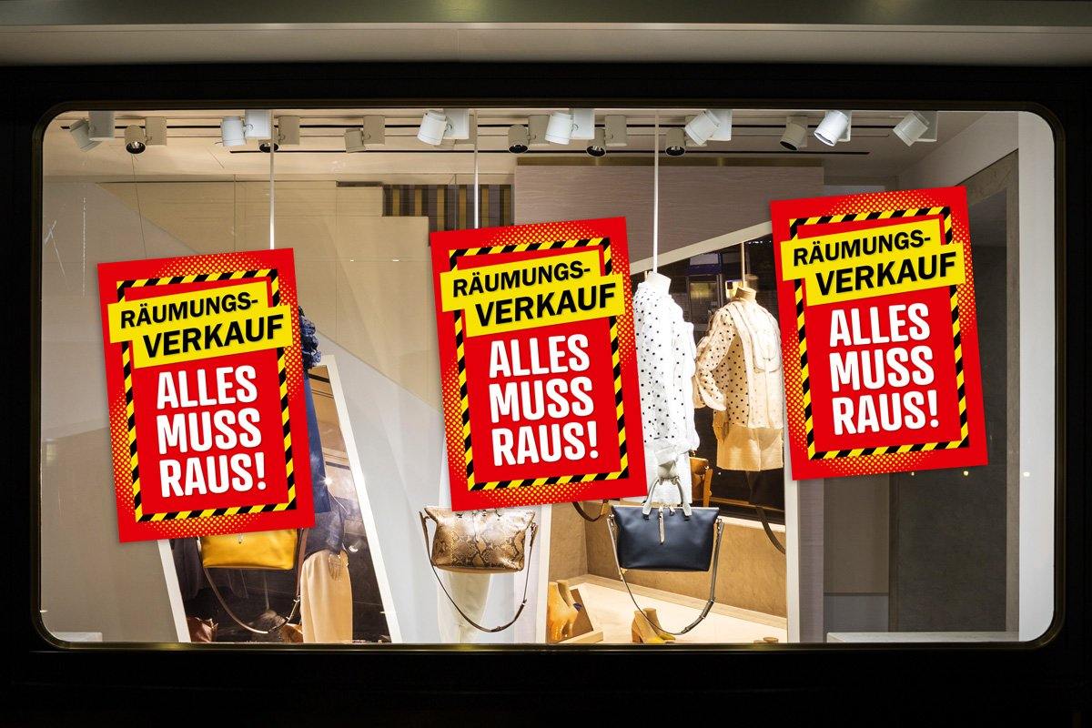 Aufkleber Räumungsverkauf Alles muss Raus! - Banner, Sale, Rabatt Beklebung am Schaufenster rot