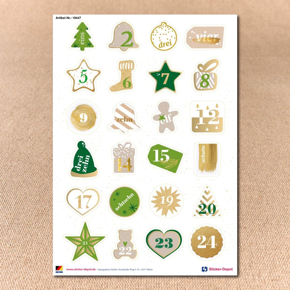 Adventskalender Zahlenaufkleber 1-24 grün goldfarben