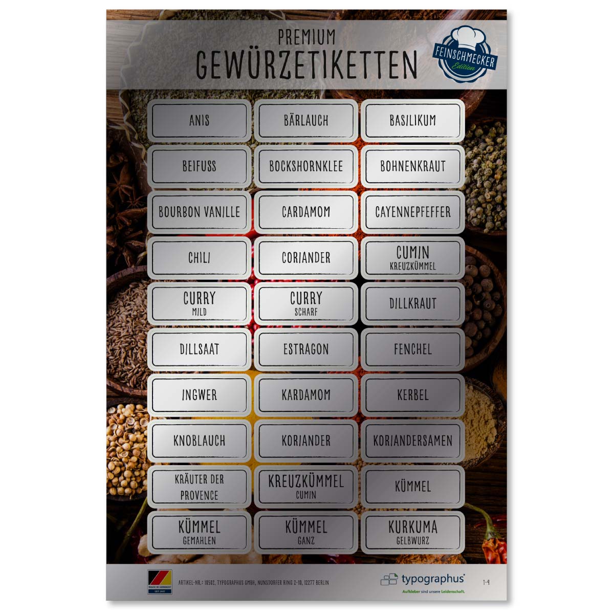 Gewürzetiketten Feinschmecker Edition - eckig schwarz/silber - Sticker-Depot.de by Typographus
