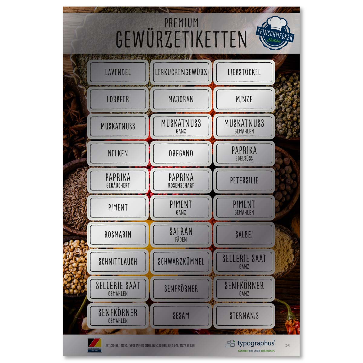 Gewürzetiketten Feinschmecker Edition - eckig schwarz/silber - Sticker-Depot.de by Typographus