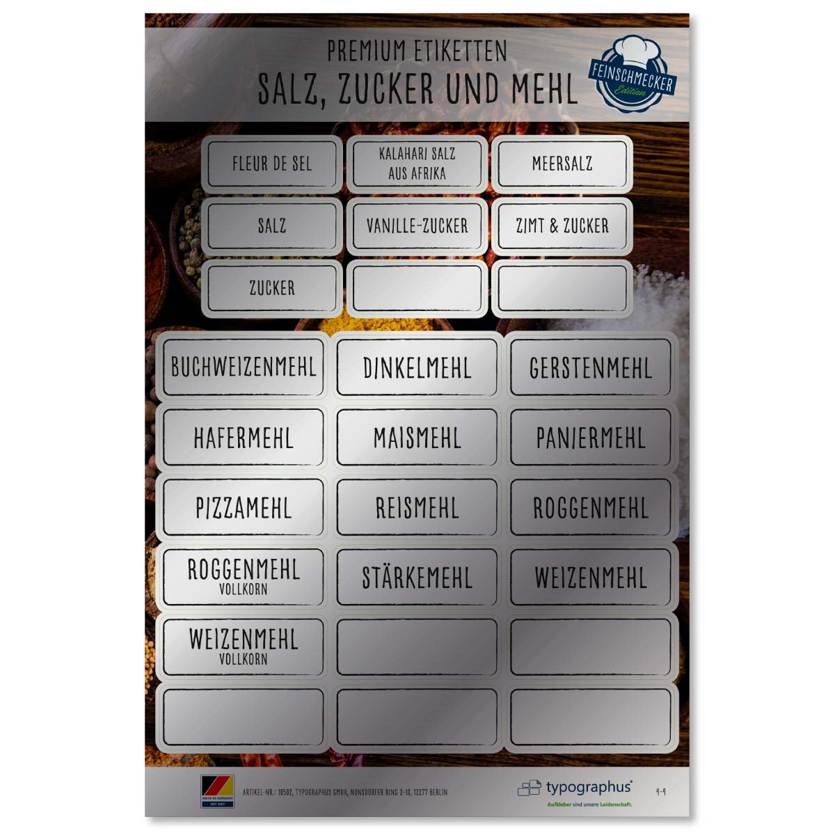 Gewürzetiketten Feinschmecker Edition - eckig schwarz/silber - Sticker-Depot.de by Typographus
