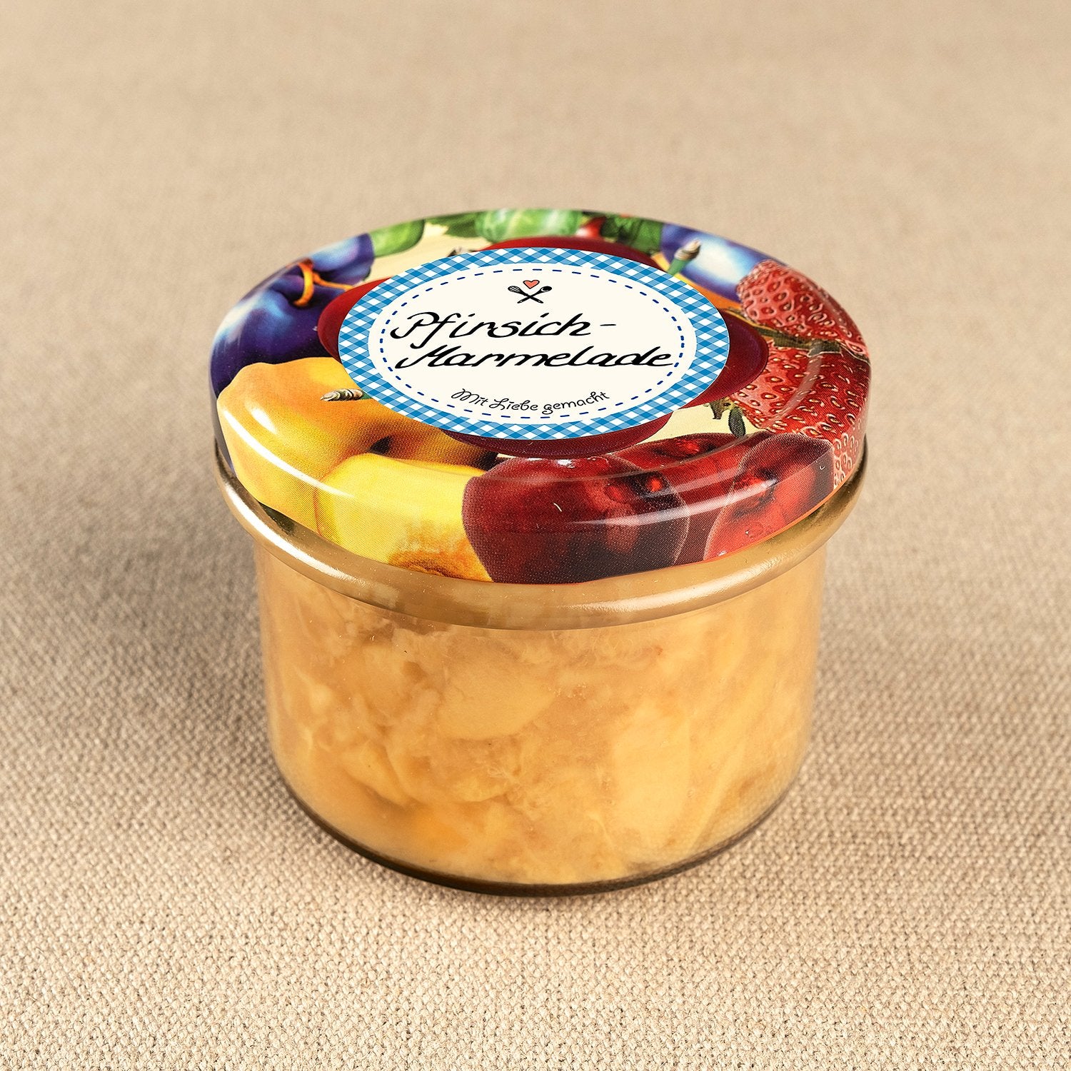 Marmeladen- & Einmachetiketten mit Liebe gemacht rund blau kariert auf Glas