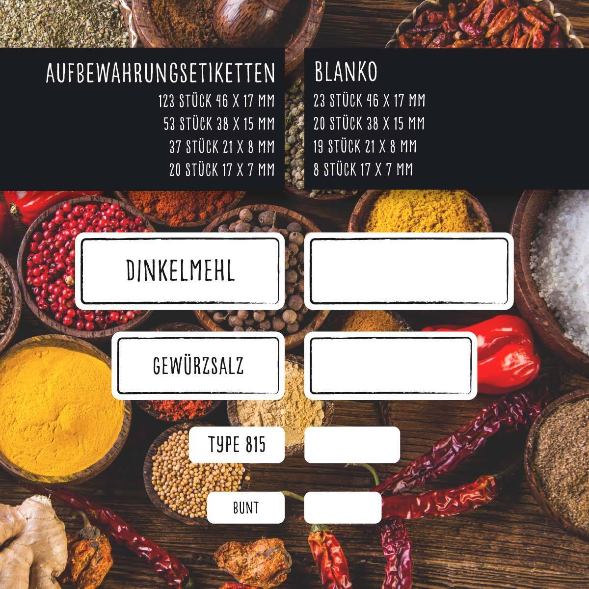 Aufkleber für Aufbewahrungsdosen & Vorratsgläser eckig schwarze Schrift Set mit Bemaßung