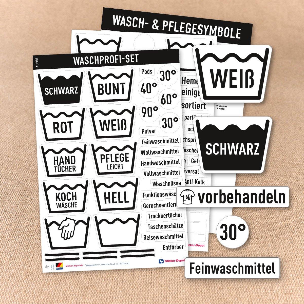 108 Aufkleber für Wäschebox o. Wäschekorb - Aufkleber alle Seiten auf weißer glänzender Folie