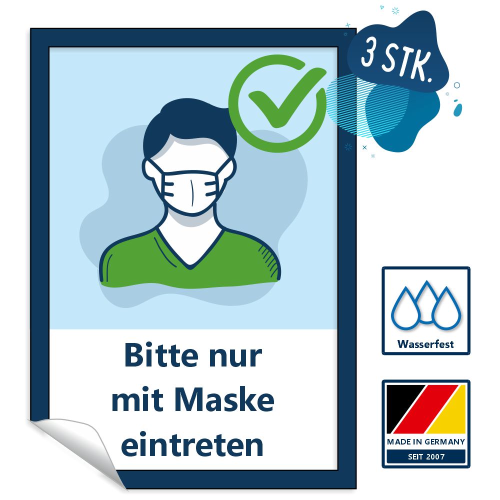 Aufkleber Zutritt nur mit Maske, 3 Stück in DIN A4, wasserfest, Made in Germany