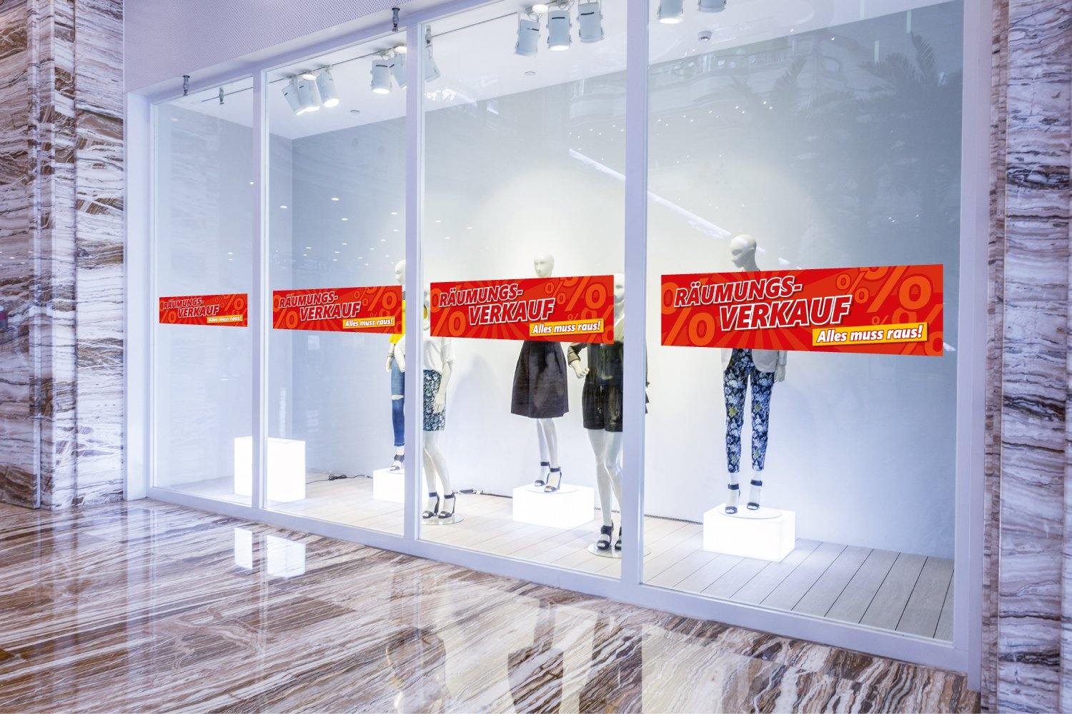 XXL Aufkleber Räumungsverkauf Alles muss Raus! Verklebung am Schaufenster