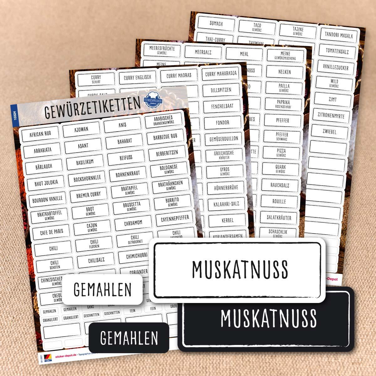 Gewürzetiketten Feinschmecker Edition - eckig schwarze Schrift oder weiße Schrift - Set