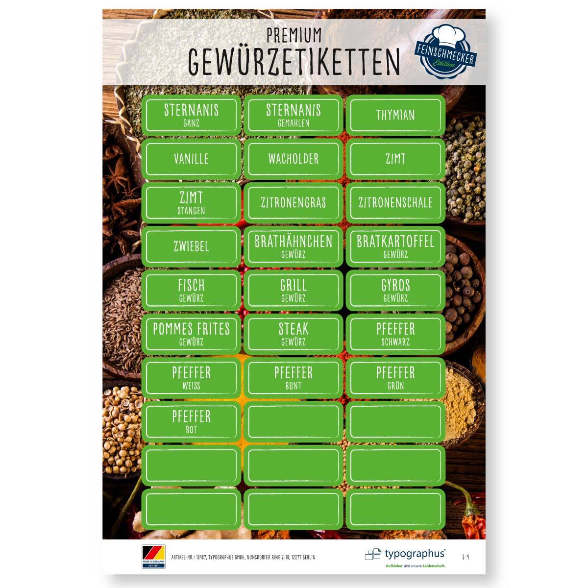 Gewürzetiketten Feinschmecker Edition - eckig weiß/hellgrün - Sticker-Depot.de by Typographus