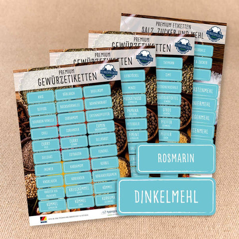 Gewürzetiketten Feinschmecker Edition - eckig weiß/türkis - Sticker-Depot.de by Typographus