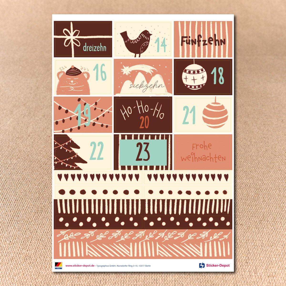 Adventskalender Zahlenaufkleber 1-24 braun creme Bogen 2