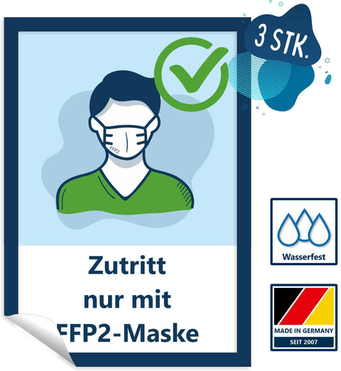 Aufkleber Zutritt nur mit FFP2-Maske 3 Stück wasserfest Made in Germany